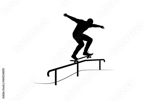 Skateboarder Silhouette Grinding on Rail, Black and White Image