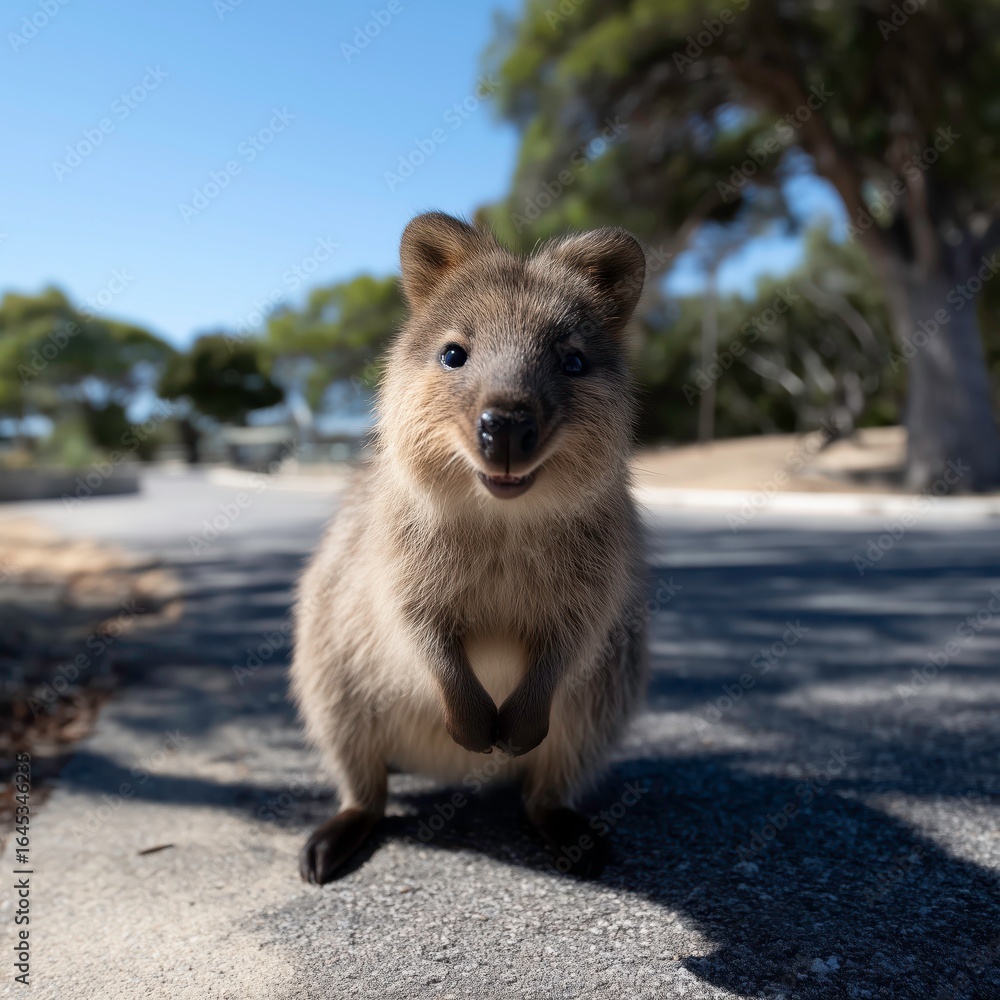 Obraz premium Quokka Smiling and Posing for Camera on Paved Pathway