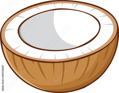 Cartoon illustration of a halved coconut, showcasing the white flesh inside.