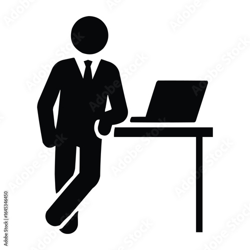 Businessman in suit leaning on a desk with a laptop computer silhouette