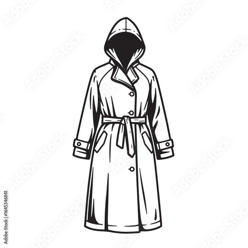 Elegant black and white line art illustration of a long hooded trench coat