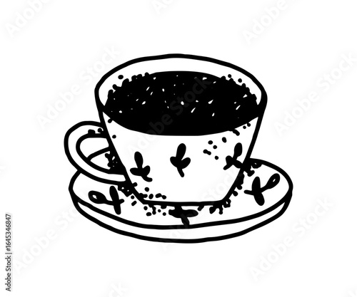 Classic teacup filled with hot tea, perfect for tea time illustrations, cafe menus, kitchen decor, and warm cozy beverage-themed artworks.