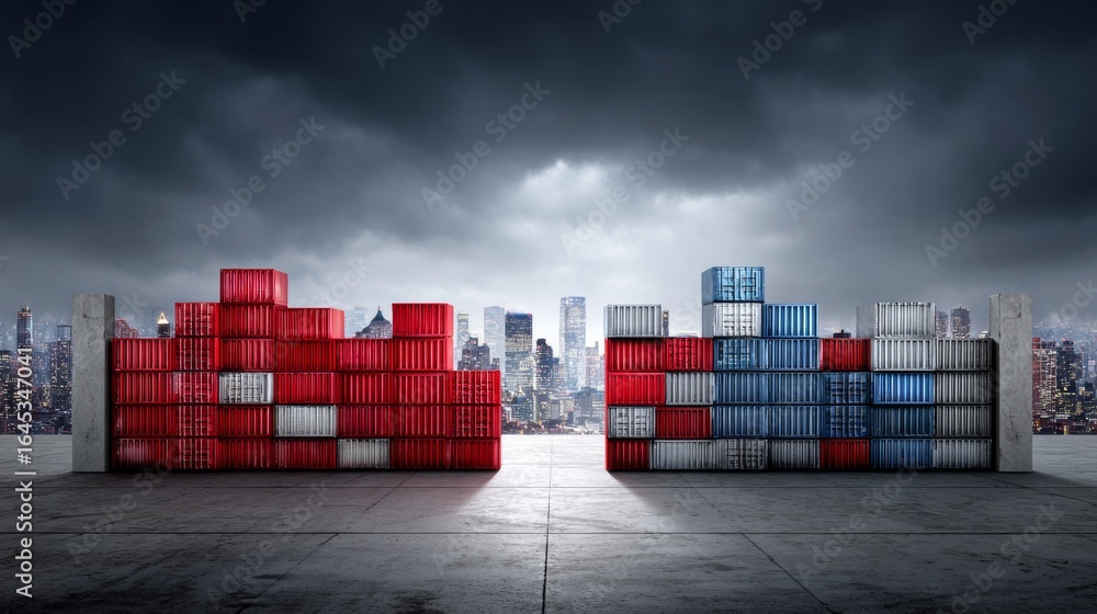 Fototapeta premium Container shipping action amid urban skyline industrial environment dramatic viewpoint
