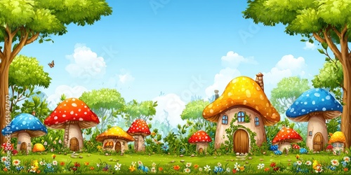 Fototapeta Naklejka Na Ścianę i Meble -  Colorful mushroom houses in a lush forest clearing