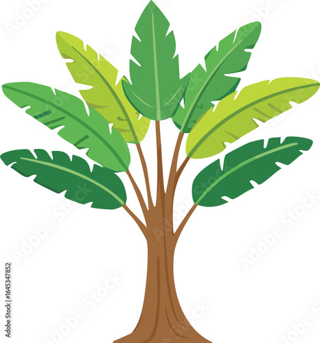 A stylized illustration of a banana tree with vibrant green and yellow leaves.