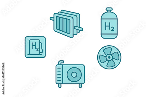 Illustration of elements related to hydrogen energy systems including a fan, canister, filters, and cards