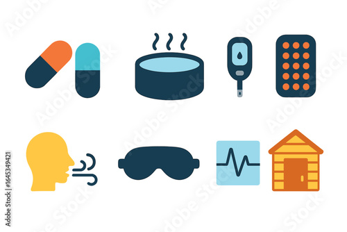 Health and wellness icons representing various aspects of health management and lifestyle