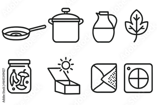 Cooking utensils for meal preparation in a modern kitchen setting with various items arranged neatly