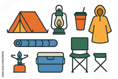 Camping essentials for a fun outdoor experience in nature with tent, lantern, and gear