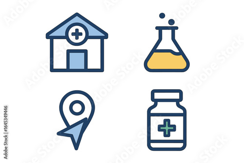 Medical symbols representing health care, laboratory research, location services, and pharmaceuticals in a digital format