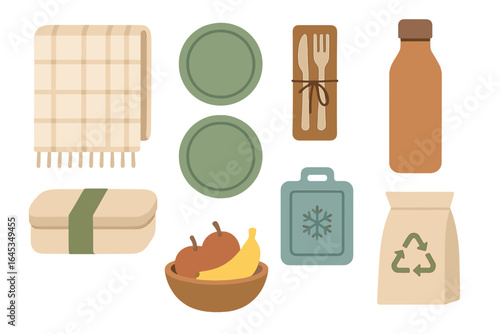 Picnic essentials arranged on a light background include food containers, blankets, and utensils for outdoor dining
