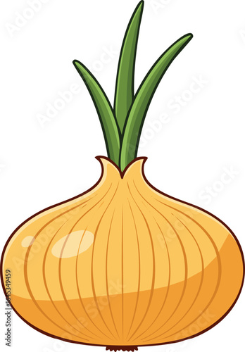 Cartoon illustration of a single, whole onion with green shoots.