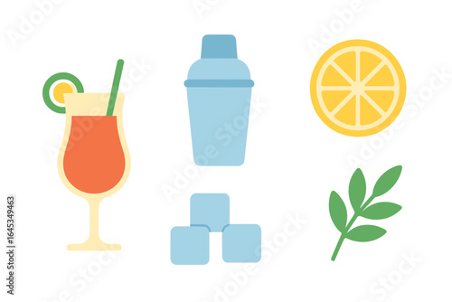 Colorful cocktail ingredients and tools arranged on a white background suitable for summer refreshment making