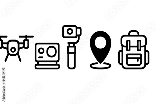 Icons representing travel and adventure tools including a drone, camera, stabilizer, location pin, and backpack for outdoor photography