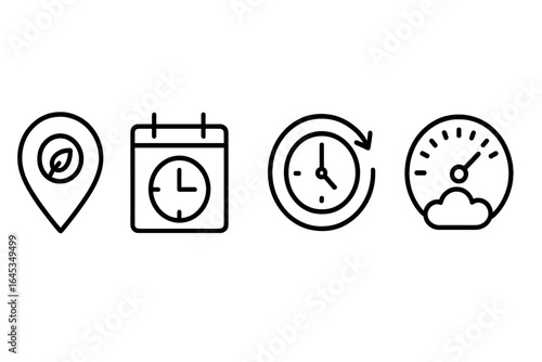Icons representing various aspects of time management, scheduling, and location tracking in a minimalist design