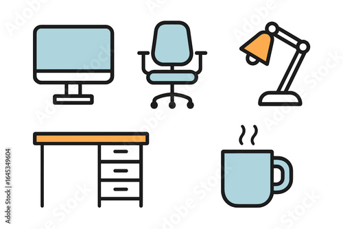 Modern home office setup with computer, ergonomic chair, desk lamp, stylish desk, and coffee mug