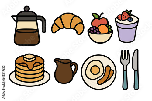 Breakfast spread showcasing coffee, pastries, fruits, and pancakes on a simple table arrangement