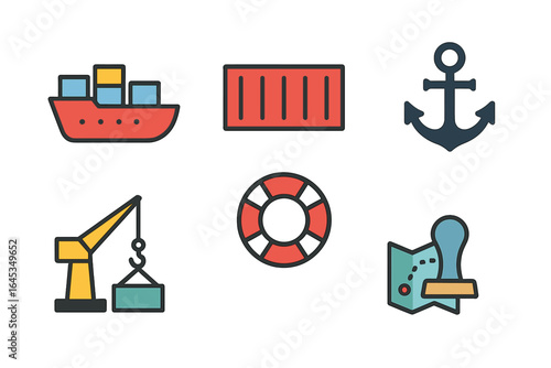 Colorful maritime icons representing shipping, safety, and navigation in a digital style