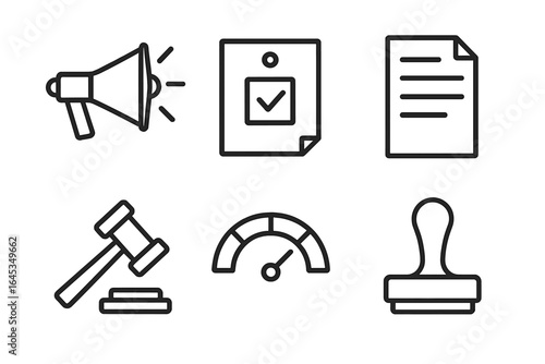 Communication tools and legal symbols illustrated in minimalistic design for educational purposes