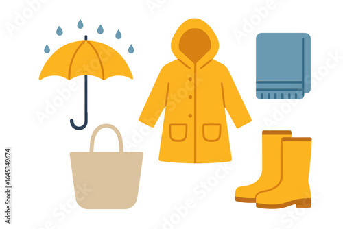 Must-have items for a rainy day outing with raincoat, boots, umbrella, and blanket