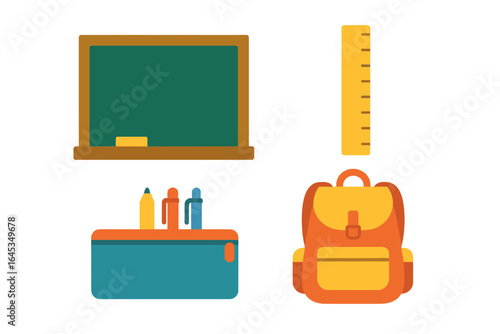 Classroom essentials for every student including chalkboard, stationery, and backpack ready for school