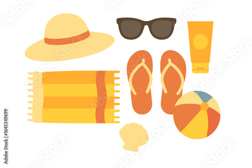 Colorful beach essentials arranged neatly, including a straw hat, sunglasses, sunscreen, flip flops, towel, beach ball, and seashell