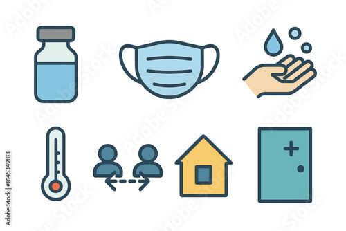 Health and safety symbols related to vaccination, hygiene, and COVID-19 precautions in a simple graphic design
