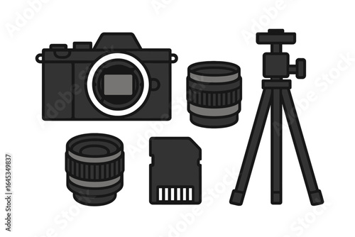 Photography equipment including camera, lenses, tripod, and memory card displayed for a creative project in a studio setting