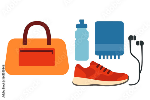 Fitness essentials for an active lifestyle at gym or outdoors with bag, water bottle, towel, headphones, and running shoes