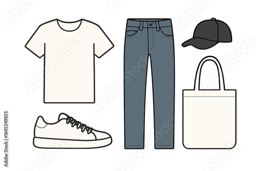 Casual outfit showcasing a t-shirt, jeans, sneakers, cap, and tote bag ideal for everyday wear or relaxed outings in urban settings