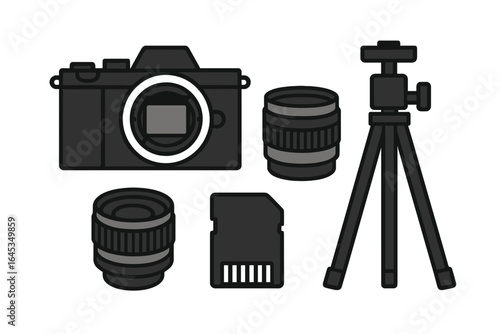 Photography equipment including camera, lenses, tripod, and memory card displayed on a clean background