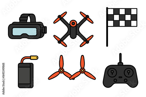 Drone racing gear setup featuring a VR headset, racing flag, and remote controller at a race event