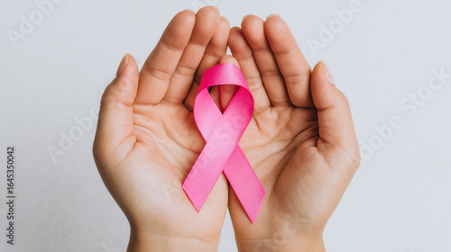  hands gently holding a breast cancer awareness pink ribbon against a solid white background, minimal style with copy space