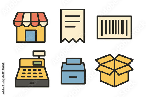 Colorful icons representing retail activities and transactions, showcasing shop, receipt, barcode, cash register, storage box, and packaging