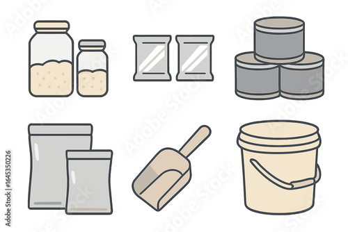 Containers of various materials and a scoop arranged on a surface in a minimalistic style