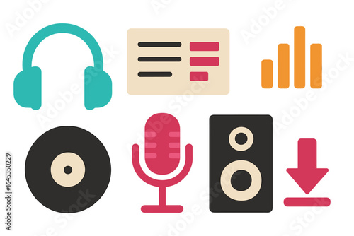 Music production elements featuring headphones, microphone, speakers, and sound levels for creative projects