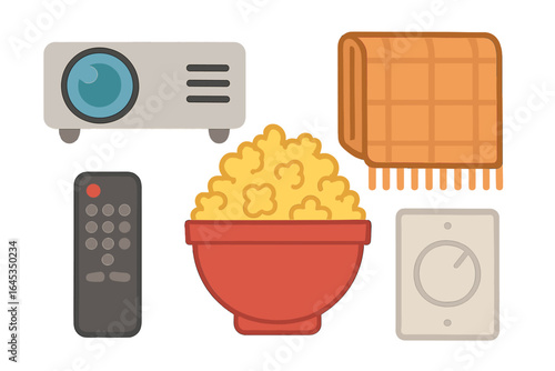 Home movie night essentials featuring a projector, popcorn, remote, blanket, and dimmer switch for cozy gatherings