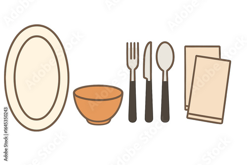 Dining setup with plate, bowl, utensils, and napkins arranged in a neat layout for a meal setting
