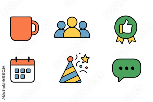 Colorful icons representing social interactions, celebrations, and communication in a modern digital context