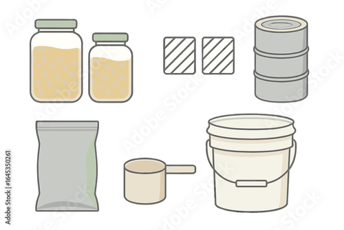 Various containers and storage options for ingredients and supplies used in cooking and food preparation