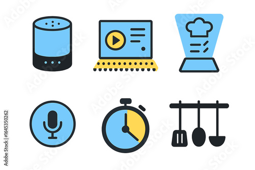 Kitchen gadgets and tools for modern cooking and meal preparation demonstrated through various icons and symbols