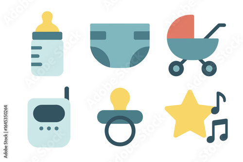 Collection of baby care items including a bottle, diaper, stroller, and pacifier designed for nursery setup