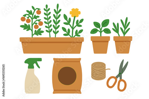 Gardening tools and plants arranged in a colorful display with pots, spray, and twine for nurturing home gardens