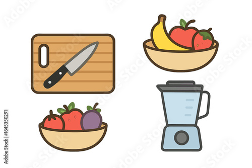 Preparing a fresh fruit smoothie with various ingredients on a cutting board and blender at home