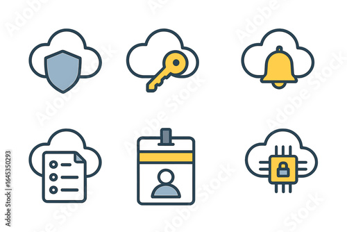 Cloud-based security icons representing various features for data protection and user authentication in a digital environment