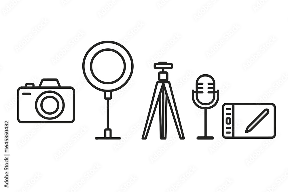 Obraz premium Various equipment for photography and content creation featuring a camera, ring light, tripod, microphone, and graphic tablet