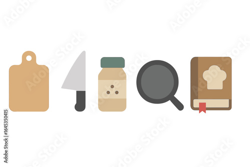 Cooking essentials include chopping board, knife, spice jar, strainer, and recipe book for meal preparation in a kitchen setting