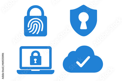 Icons representing cybersecurity concepts including fingerprint lock, shield, laptop, and cloud technology for digital safety