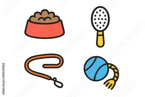 Pet care essentials including food, grooming tools, leash, and toys for dogs and cats in a straightforward layout