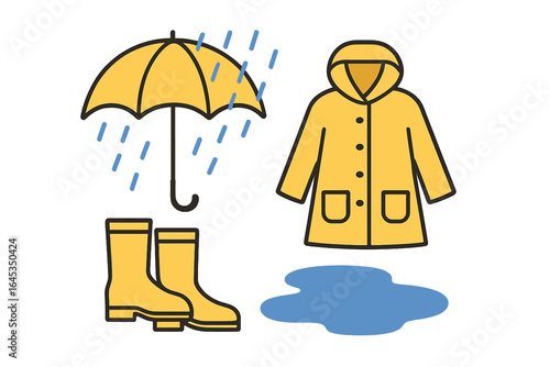 Rainy day essentials with yellow raincoat, boots, umbrella, and puddle in an urban setting